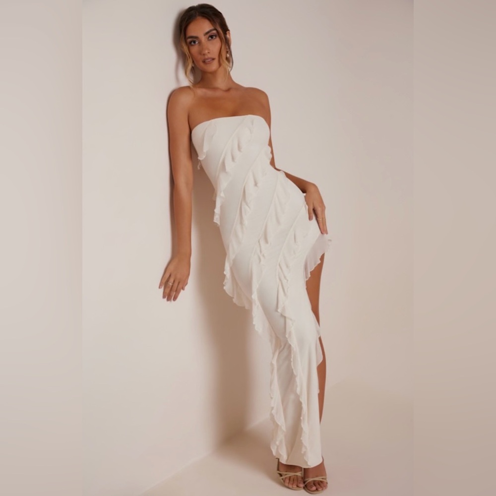 Strapless White Ruffled Asymmetric Dress